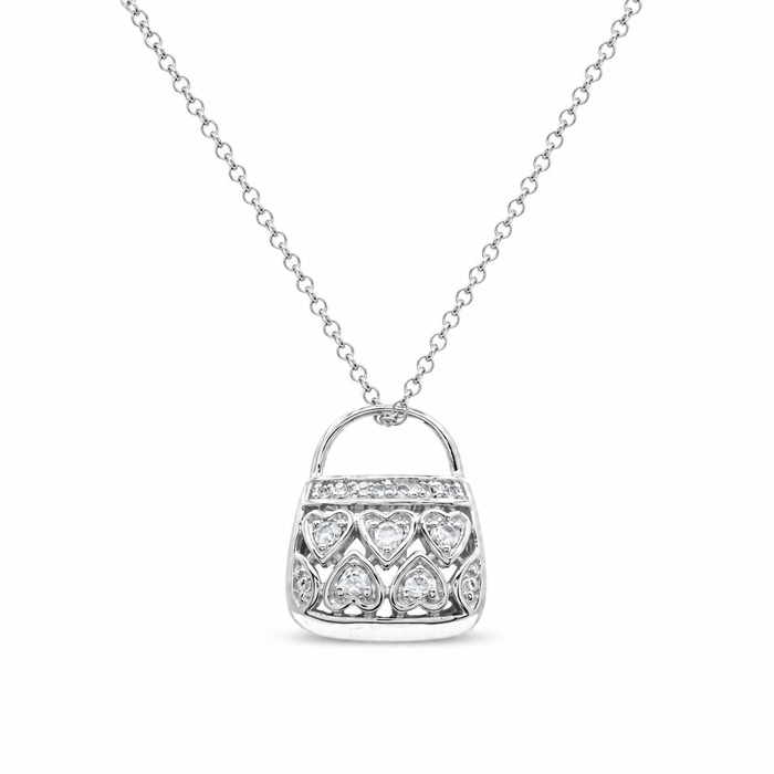 Clearance-Rhodium Plated 925 Sterling Silver Multi Heart CZ Purse Necklace - BGP00081