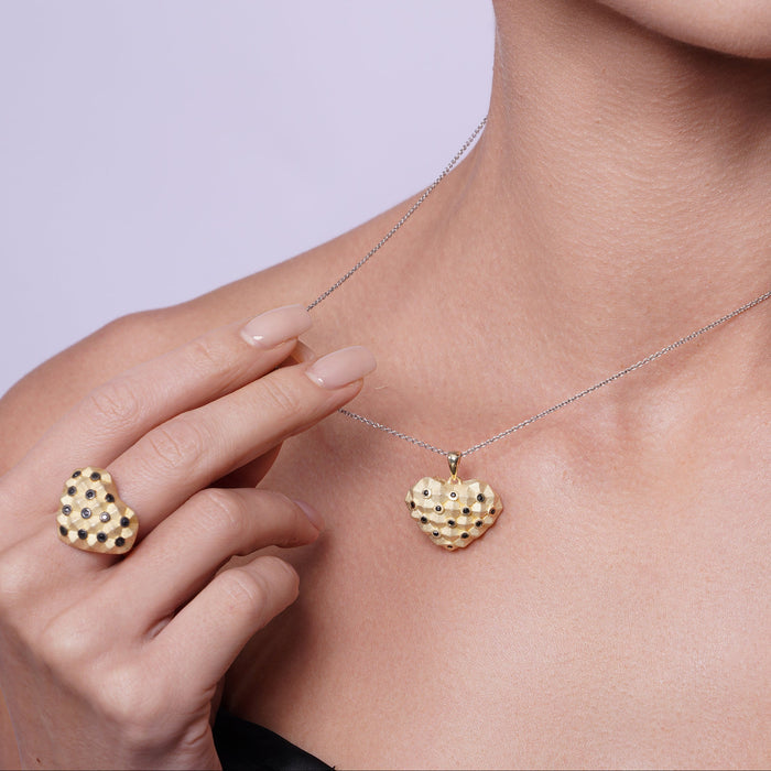 Clearance-Silver 925 Gold Plated Black Polka Dot Heart CZ Stud Earring and Necklace Set - STS00379
