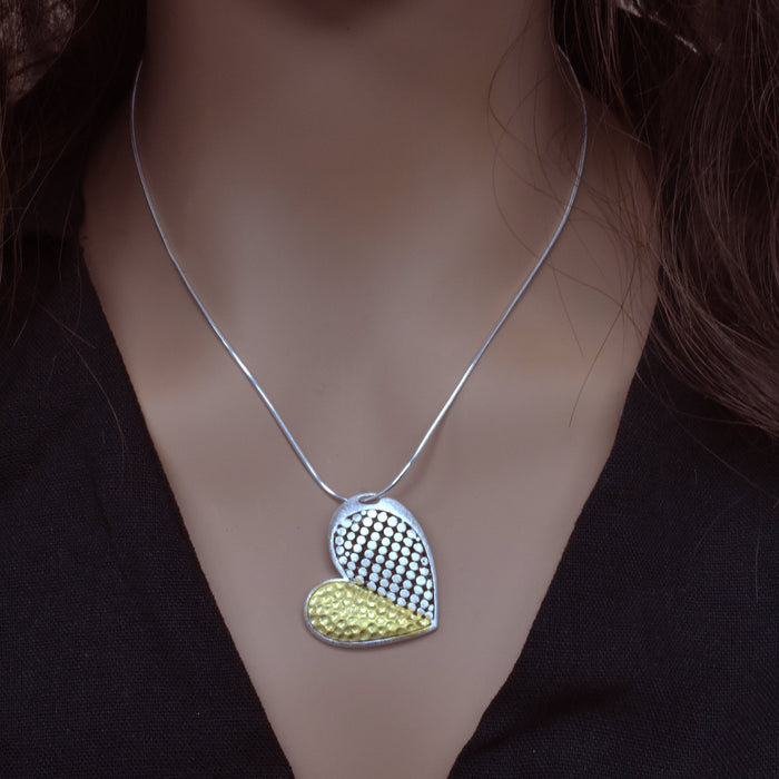 Clearance-Two-Tone 925 Sterling Silver Matte Finish  Geometric Pattern Design Heart Pendant- SPP00007