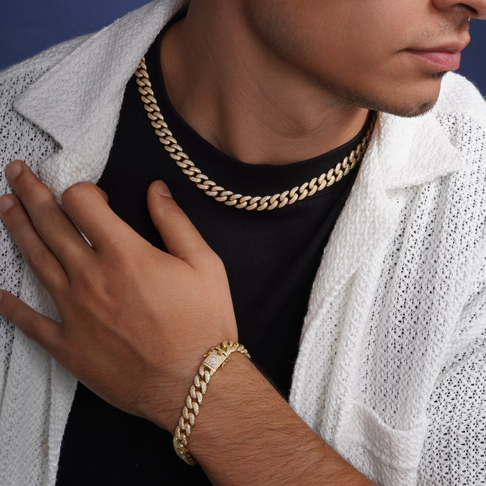 Gold Plated 925 Sterling Silver 9.5mm Miami Curb CZ Chain or Bracelet - GMN00176GP | GMB00089GP