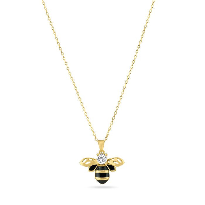 Gold Plated 925 Sterling Silver Clear and Black Enamel Bee Pendant Necklace - BGP01454