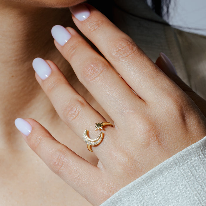 Gold Plated 925 Sterling Silver Cresent Moon and Star CZ Ring - STR01137GP