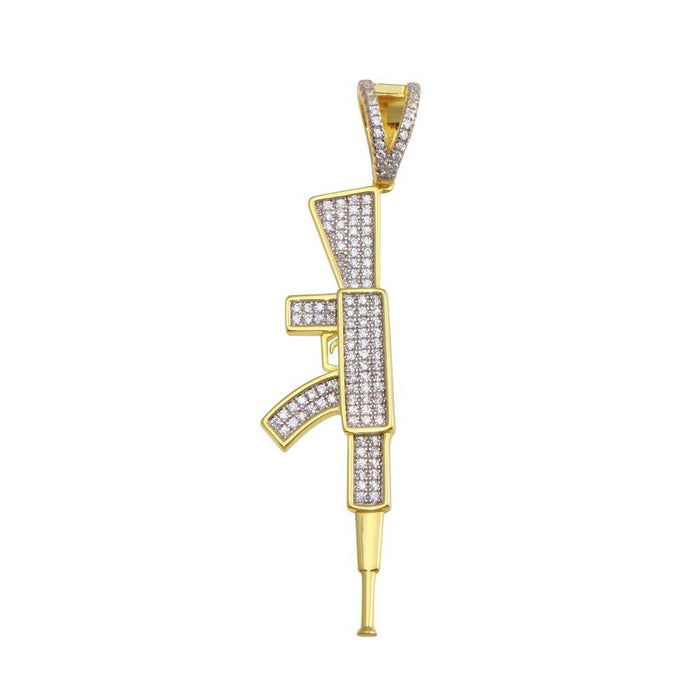Silver 925 Gold Plated CZ Gun Hip Hop Pendant - SLP00196GP | Silver Palace Inc.