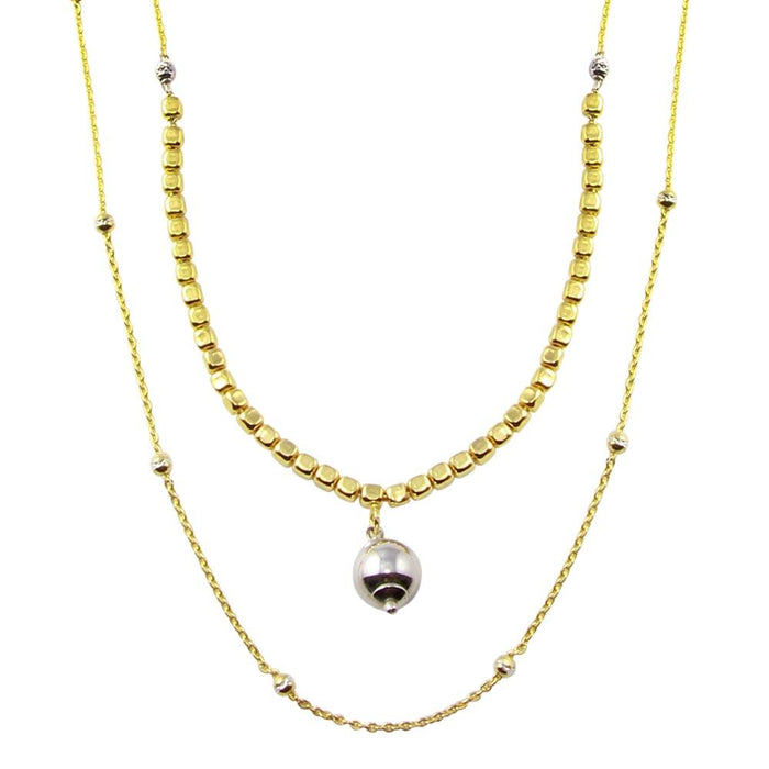 Silver 925 Gold Plated Multi Chain Cube and Bead Necklace - ECN00059GP | Silver Palace Inc.
