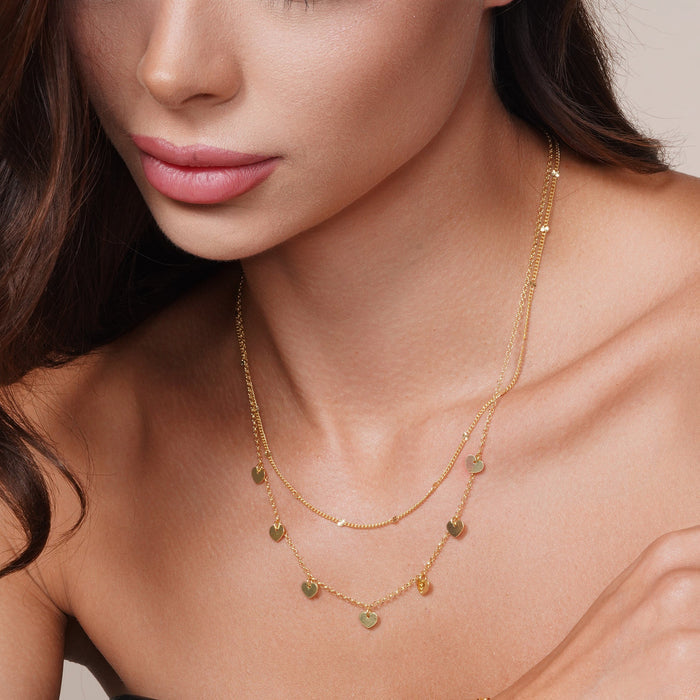 Gold Plated 925 Sterling Silver Multi Chain Dangling Heart Charm Necklace - ITN00143-GP