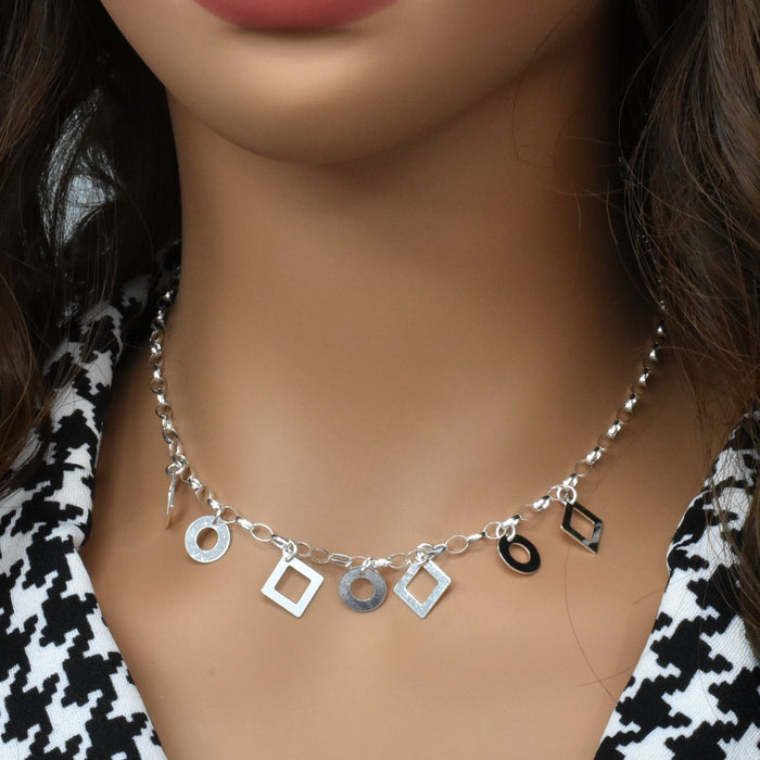 High Polish 925 Sterling Silver Multi Shaped Dangle Necklace - SPN00021