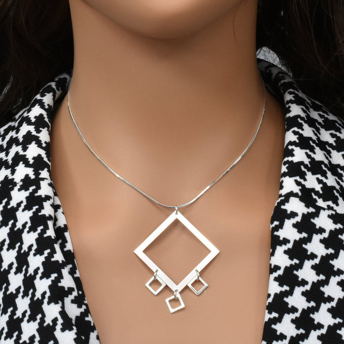 High Polish 925 Sterling Silver Multi Square Dangle Necklace - SPN00016