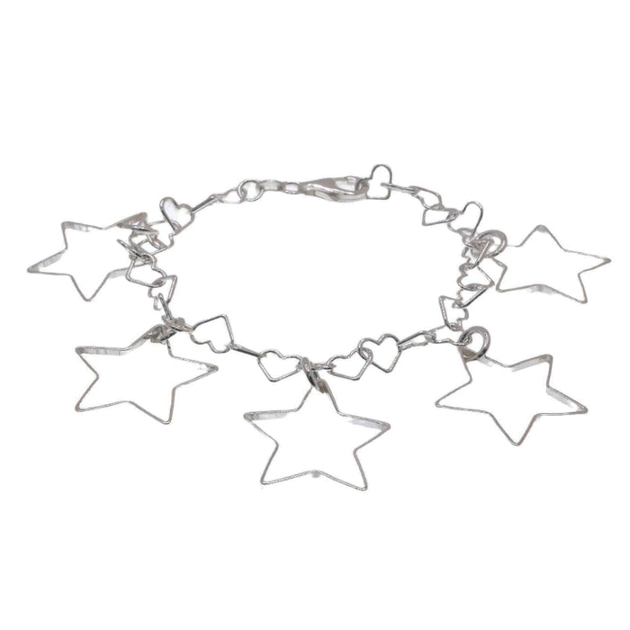 High Polish 925 Sterling Silver Multi Star and Heart Link Bracelet - SPB00026