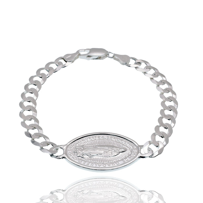 High Polished 925 Sterling Silver 20.5mm x 30.7mm Guadalupe Charm on 7mm Curb Bracelet - ARB00069