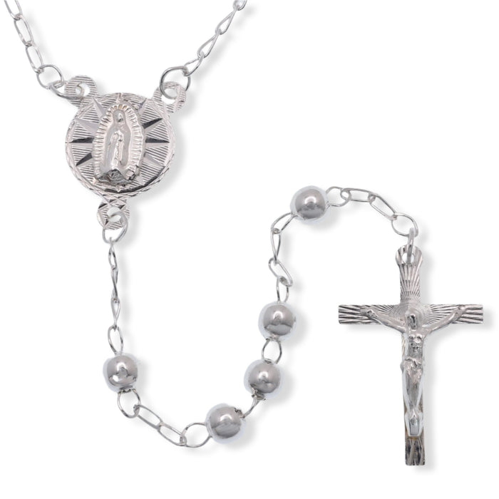 Silver 925 High Polished 3mm Smooth Bead Diamond Cut 10.5mm x 18mm Cross Rosary - ORP00002 | Silver Palace Inc.