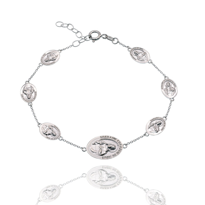 High Polished 925 Sterling Silver Sacred Heart Jesus Medal Adjustable Bracelet - DIB00083