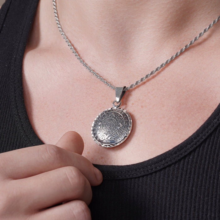 Oxidized 925 Sterling Silver Diamond Cut Puffed Aztec Mayan Calendar Double Sided Pendant - OXP00068