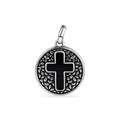 Oxidized 925 Sterling Silver Disc Black Stone Cross Pendant - OXP00005