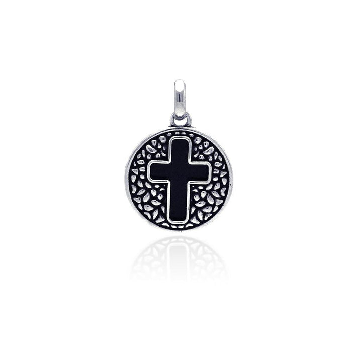 Silver 925 Oxidized Disc Black Stone Cross Pendant - OXP00005 | Silver Palace Inc.