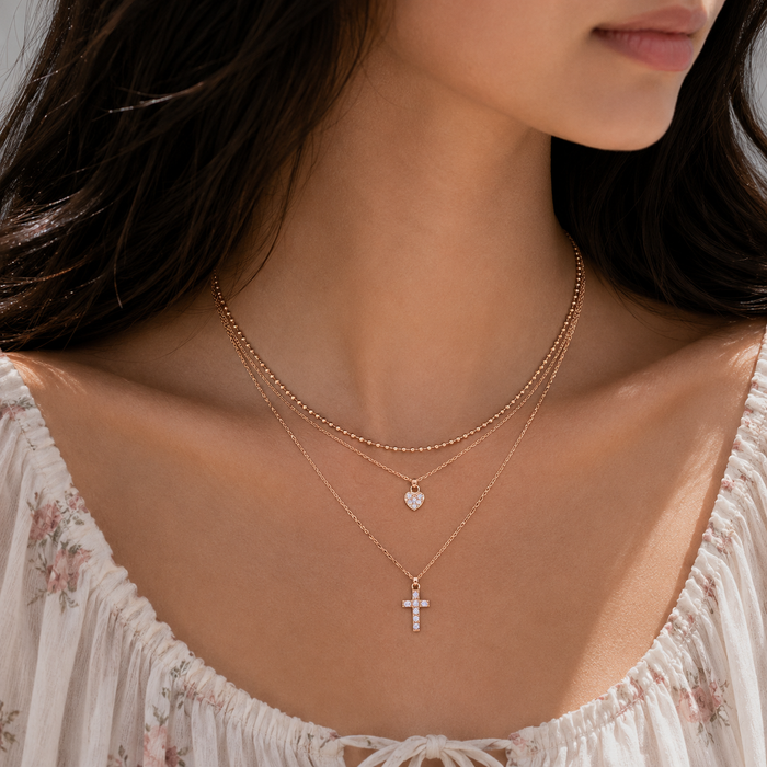 Plated 925 Sterling Silver Triple Beaded Chain CZ Heart Cross Necklace - ITN00123