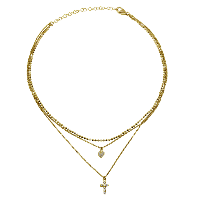 Plated 925 Sterling Silver Triple Beaded Chain CZ Heart Cross Necklace - ITN00123
