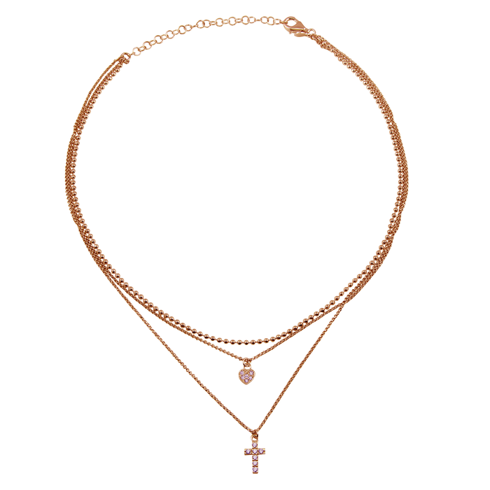 Plated 925 Sterling Silver Triple Beaded Chain CZ Heart Cross Necklace - ITN00123