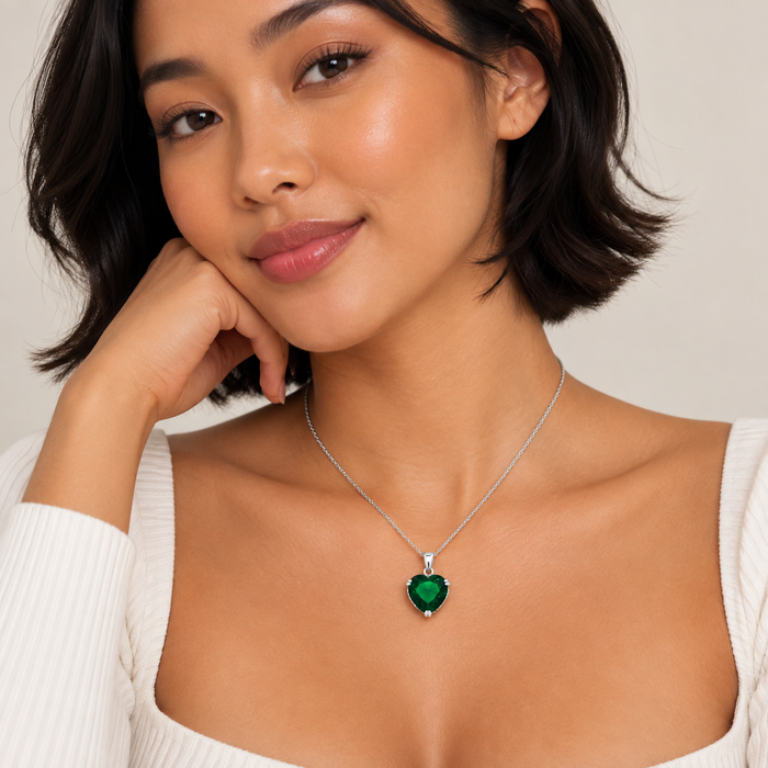 Rhodium Plated 922 Sterling Silver Large Colored Birthstone CZ Heart Pendant Necklace - BGP00730 | BGP00732
