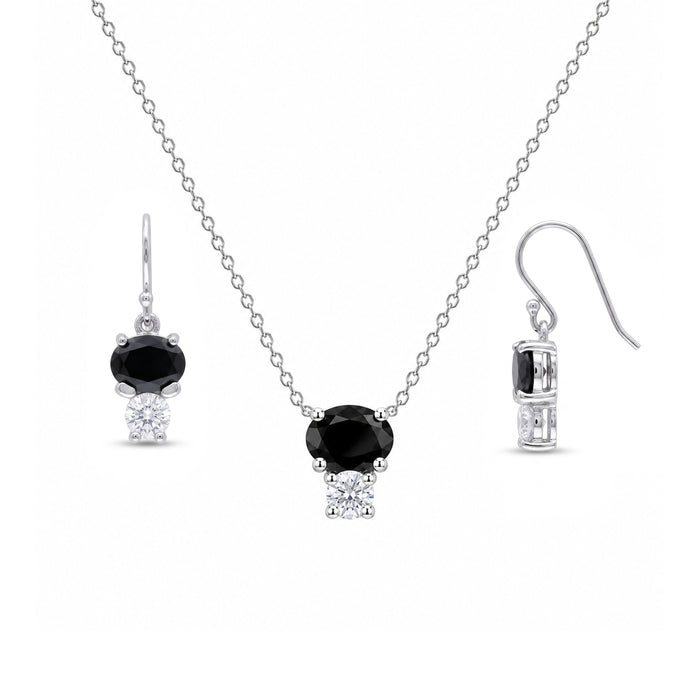Rhodium Plated 925 Silver Black & Clear CZ Dangling Hook Earring and Necklace Set - STS00286 | Silver Palace Inc.