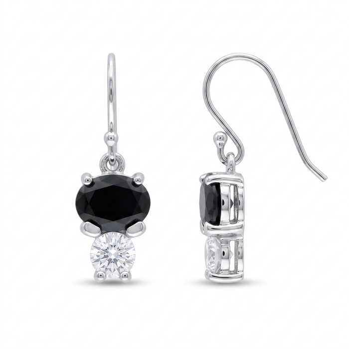 Rhodium Plated 925 Silver Black & Clear CZ Dangling Hook Earring and Necklace Set - STS00286 | Silver Palace Inc.