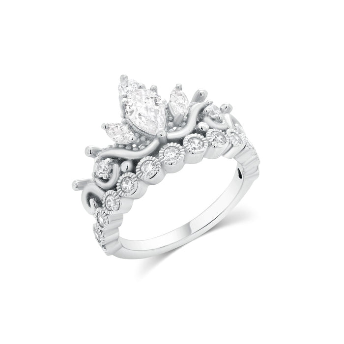 Rhodium Plated 925 Silver Crown Pear and Round CZ Ring - BGR00113