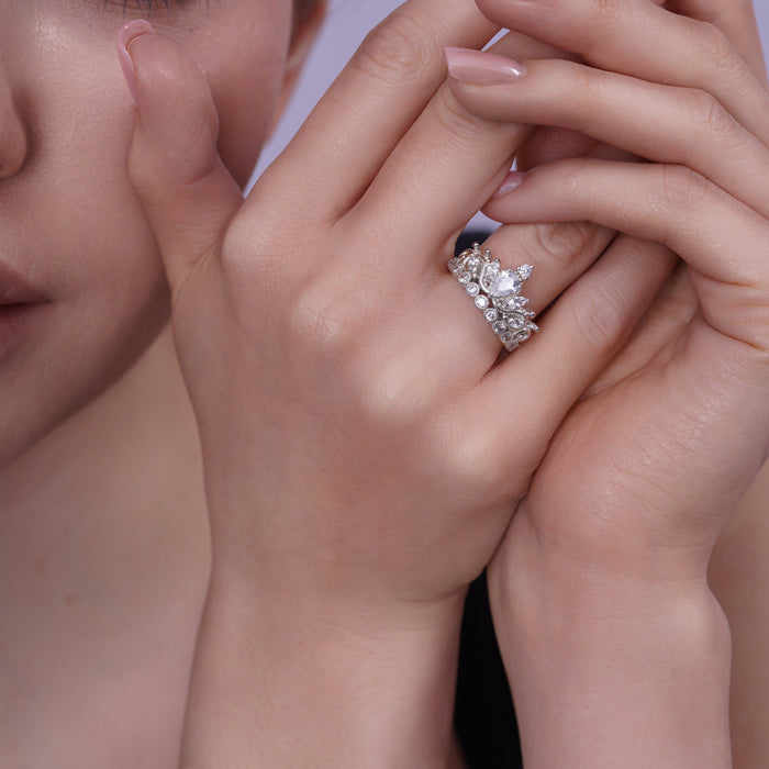 Rhodium Plated 925 Silver Crown Pear and Round CZ Ring - BGR00113