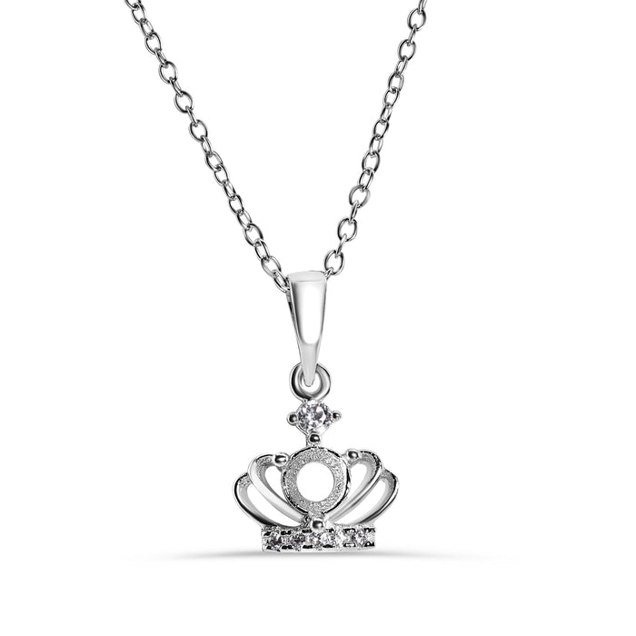 Rhodium Plated 925 Silver CZ Crown Mounting Pendant Necklace - BGP01283