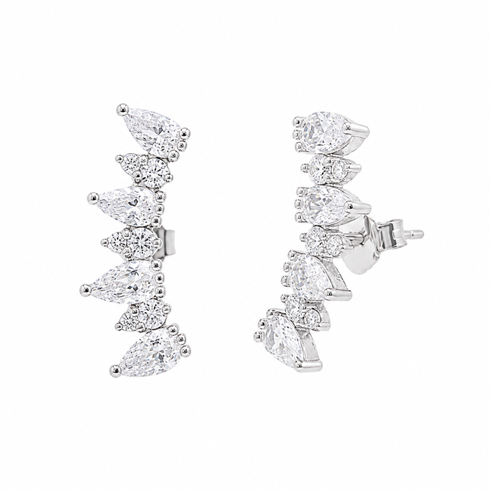 Rhodium Plated 925 Silver CZ Graduated Pear-Cut Climber Earrings - BGE00572
