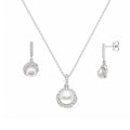Silver 925 Rhodium Plated Twisted CZ & Pearl Dangling Stud Earring and Necklace Set - STS00479 | Silver Palace Inc.