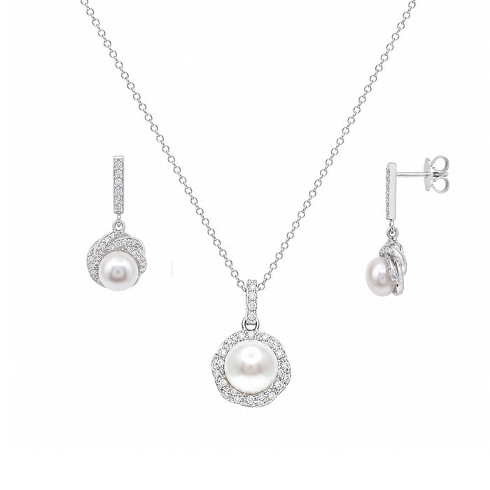 Silver 925 Rhodium Plated Twisted CZ & Pearl Dangling Stud Earring and Necklace Set - STS00479 | Silver Palace Inc.