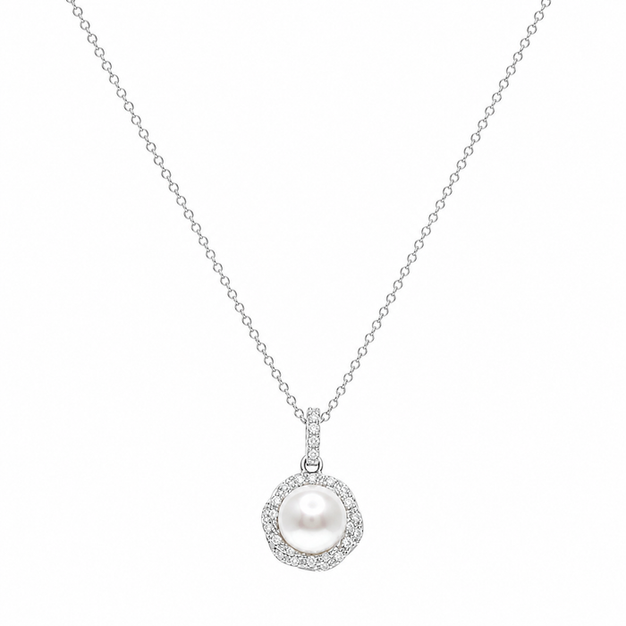 Silver 925 Rhodium Plated Twisted CZ & Pearl Dangling Stud Earring and Necklace Set - STS00479 | Silver Palace Inc.