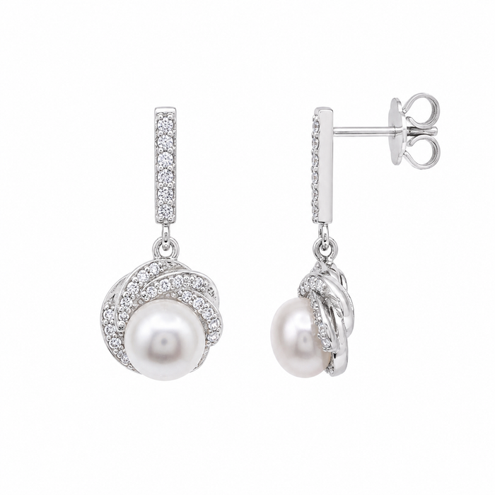 Silver 925 Rhodium Plated Twisted CZ & Pearl Dangling Stud Earring and Necklace Set - STS00479 | Silver Palace Inc.