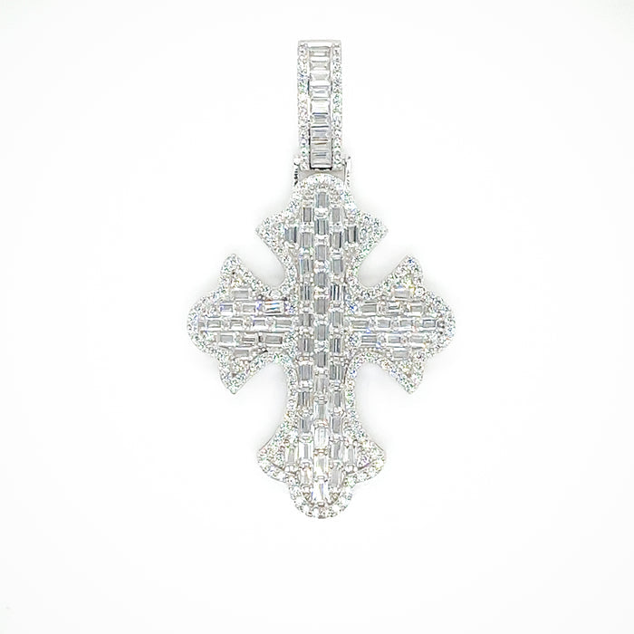 Rhodium Plated 925 Sterling Silver 52.6mm Fleur De Lis Cross Baguette Cut Clear CZ Pendant - GMP00160
