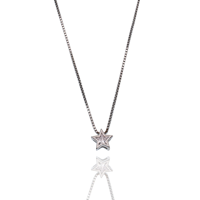 Rhodium Plated 925 Sterling Silver 6.9mm Star on Adjustable Box Chain Necklace - GCP00008RH