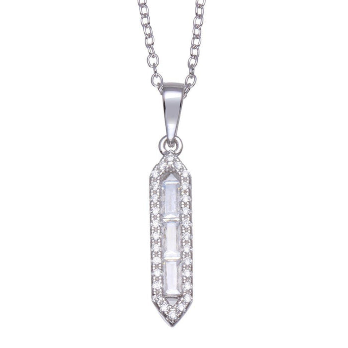 Silver 925 Rhodium Plated Baguette Vertical Bar CZ Necklace - BGP01362 | Silver Palace Inc.