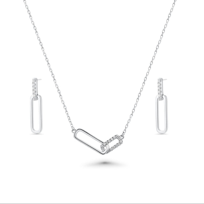 Rhodium Plated 925 Sterling Silver Bar Necklace and Earring Set with Clear CZ Stones- BGS00606