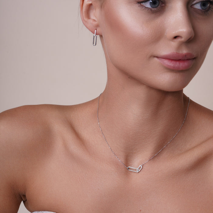 Rhodium Plated 925 Sterling Silver Bar Necklace and Earring Set with Clear CZ Stones- BGS00606