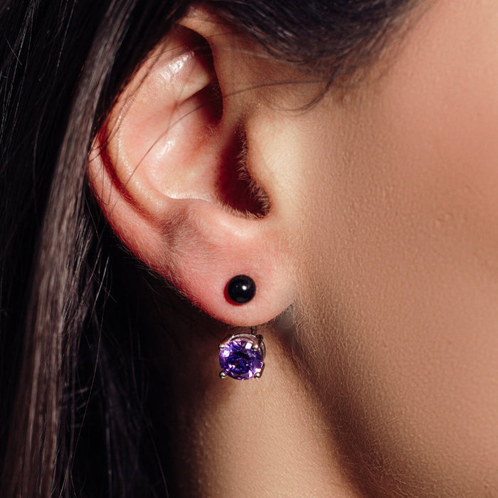 Rhodium Plated 925 Sterling Silver Birthstone Black Synthetic Pearl Purple CZ Front and Back  Earrings - STE00999FEB