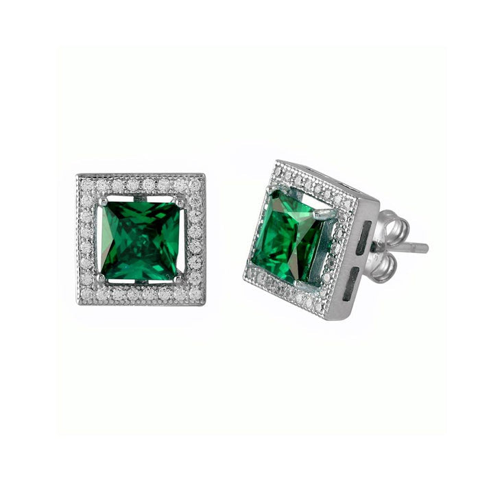 Rhodium Plated 925 Sterling Silver Birthstone Halo Square CZ Stud Earrings - BGE00632