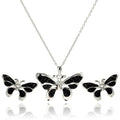 Rhodium Plated 925 Sterling Silver Black Butterfly CZ Stud Earring and Necklace Set - STS00415 | Silver Palace Inc.