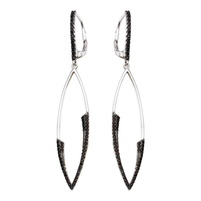 Rhodium Plated 925 Sterling Silver Black CZ Marquee Drop Earrings - BGE00596
