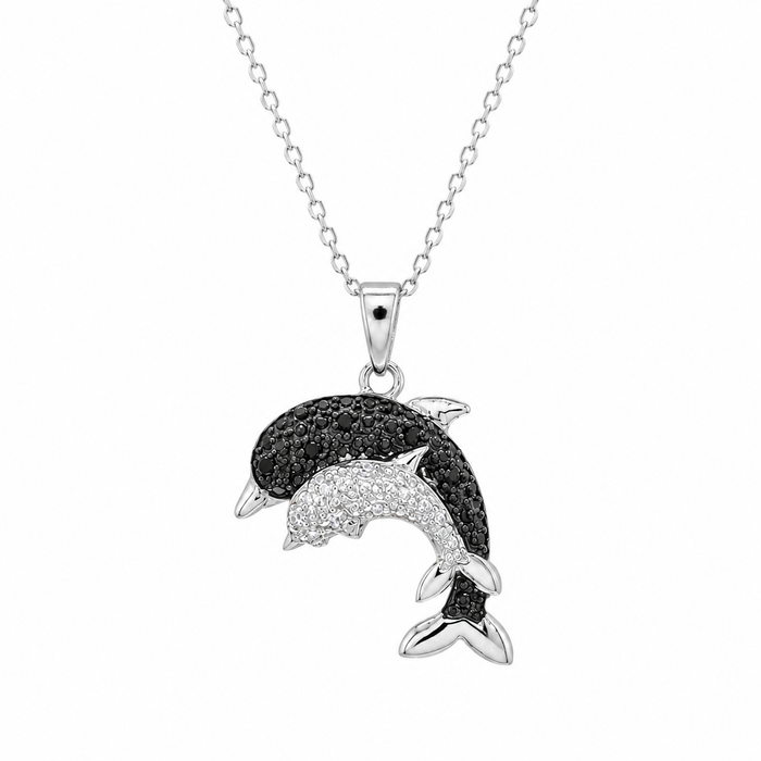 Rhodium Plated 925 Sterling Silver Black and White Double Dolphin Pendant Necklace - BGP00680