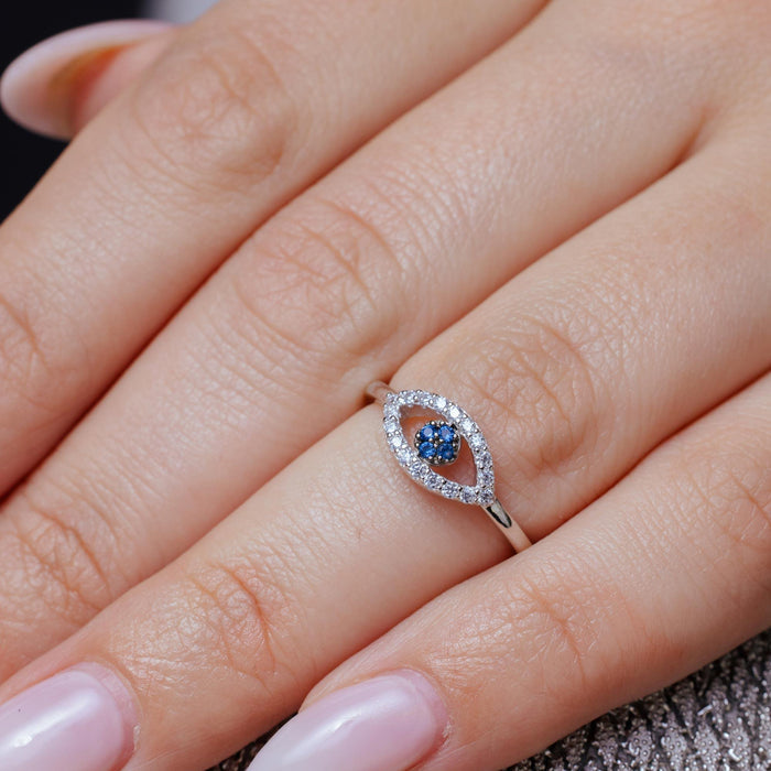 Rhodium Plated 925 Sterling Silver Blue and Clear CZ Evil Eye Ring - BGR01339