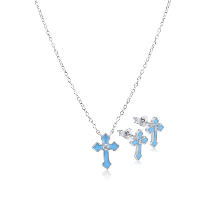 Silver 925 Rhodium Plated Blue Enamel CZ Center Stone Set - STS00551 | Silver Palace Inc.