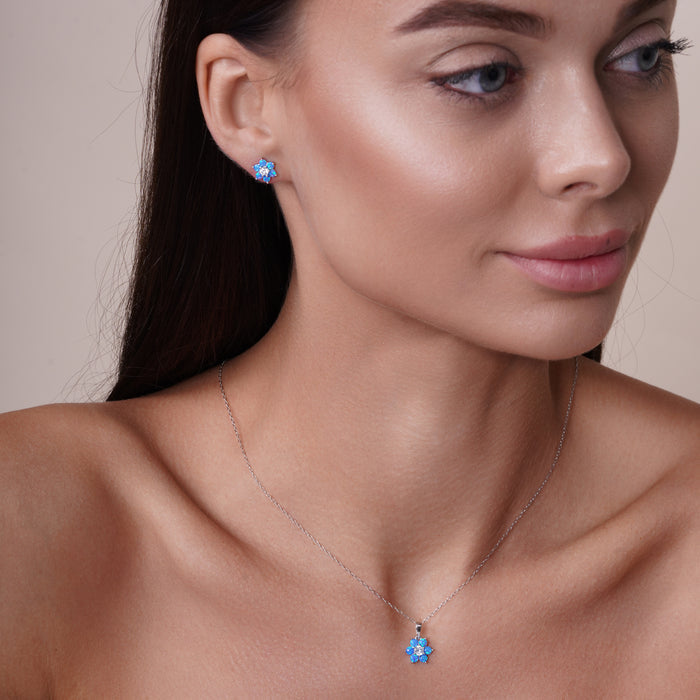 Rhodium Plated 925 Sterling Silver Blue Opal and Clear CZ Flower Earring and Pendant Set - BGS00618