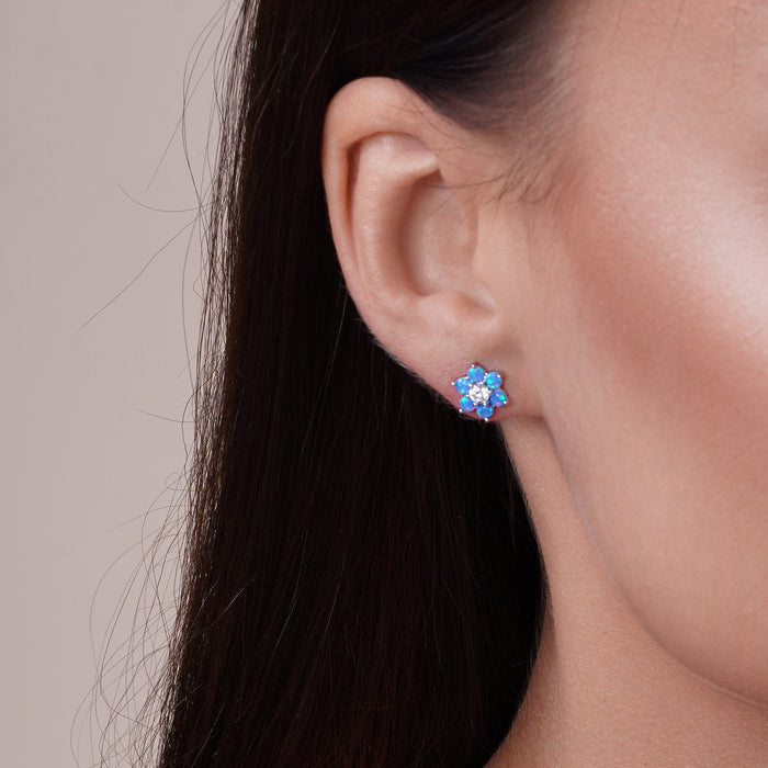 Rhodium Plated 925 Sterling Silver Blue Opal and Clear CZ Flower Earring and Pendant Set - BGS00618