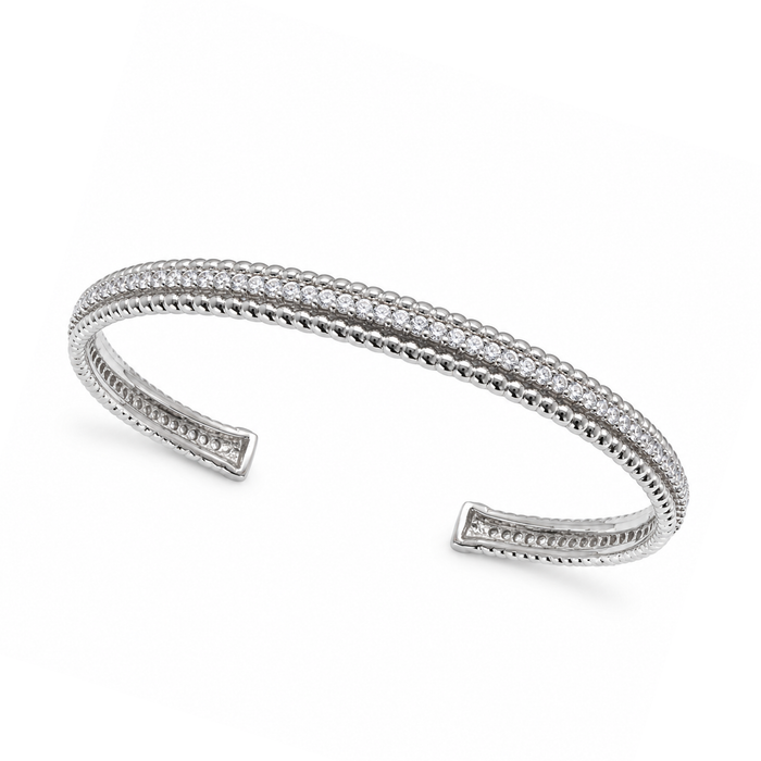 Rhodium Plated 925 Sterling Silver Braided CZ Cuff Bangle Bracelet - STB00195