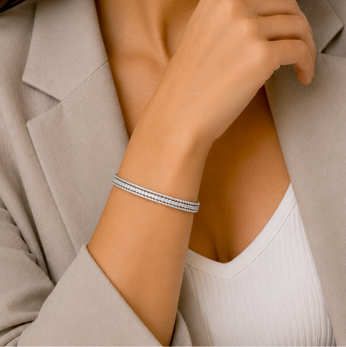 Rhodium Plated 925 Sterling Silver Braided CZ Cuff Bangle Bracelet - STB00195