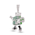 Rhodium Plated 925 Sterling Silver Cash King Money Bag Clear and Green CZ Pendant - SLP00394