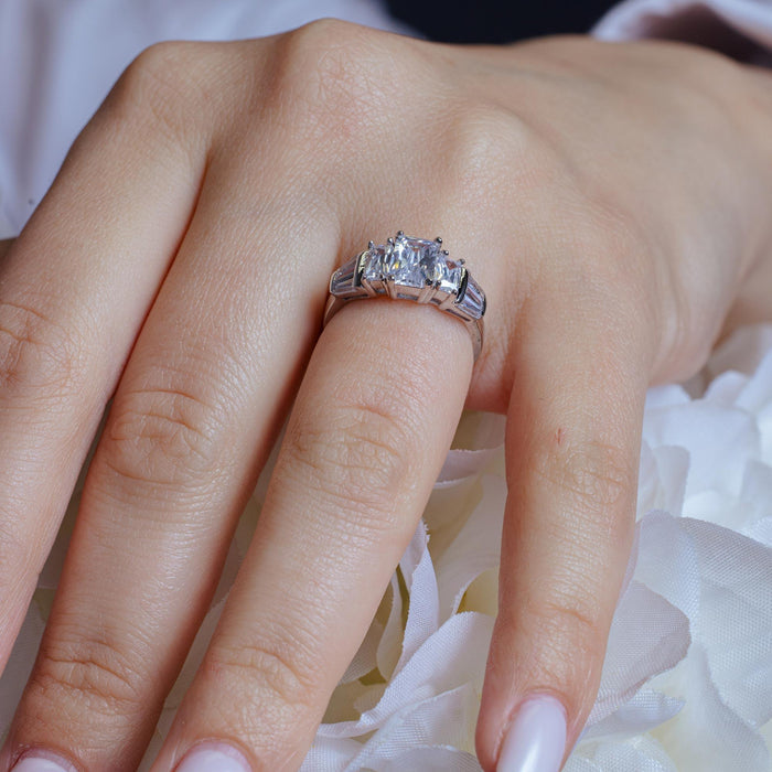 Rhodium Plated 925 Sterling Silver Clear Baguette Rectangular CZ Bridal Ring - BGR00066